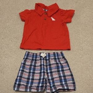 Baby Red Polo Shirt and Plaid Shorts Set